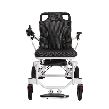 OAS Air Pro 2027 lightweight folding electric wheelchair in Ivory, front view showing quilted seat and backrest, joystick and front suspension