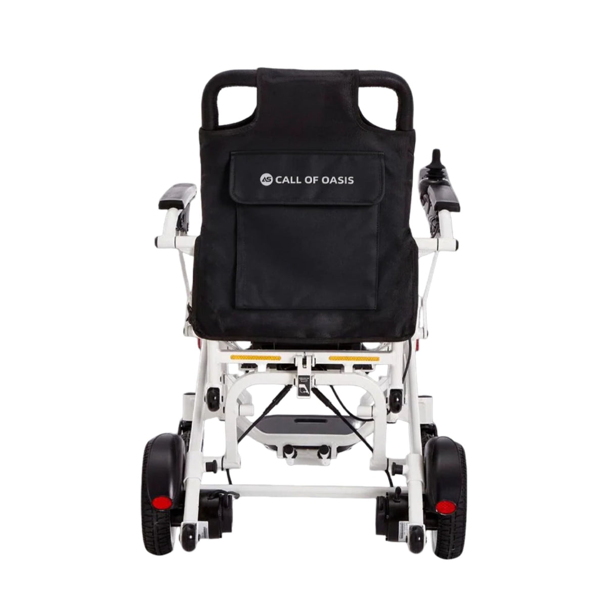 OAS Air Pro 2027 electric wheelchair in Ivory, rear view showing backrest storage pocket, push handle and rear-wheel drive motors