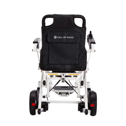 OAS Air Pro 2027 electric wheelchair in Ivory, rear view showing backrest storage pocket, push handle and rear-wheel drive motors