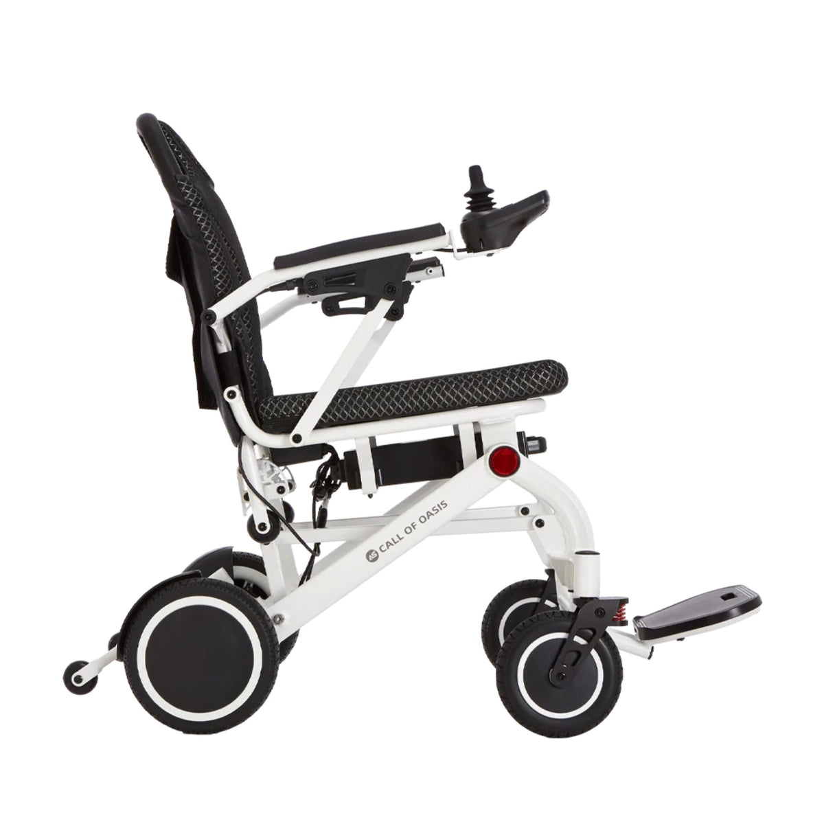 OAS Air Pro 2027 lightweight folding electric wheelchair in Ivory, side view showing joystick, 8.5-inch rear wheels and flip-up footrest