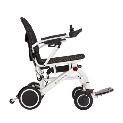 OAS Air Pro 2027 lightweight folding electric wheelchair in Ivory, side view showing joystick, 8.5-inch rear wheels and flip-up footrest