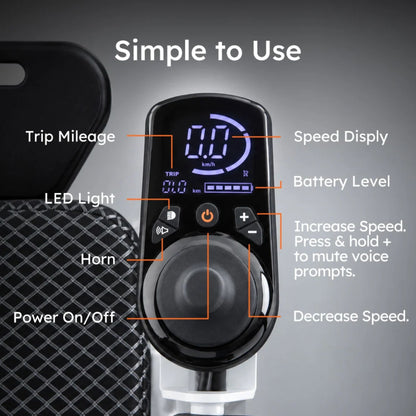 OAS Air Pro 2027 joystick controller with LCD display showing speed, trip mileage, battery level, LED light, horn and speed buttons