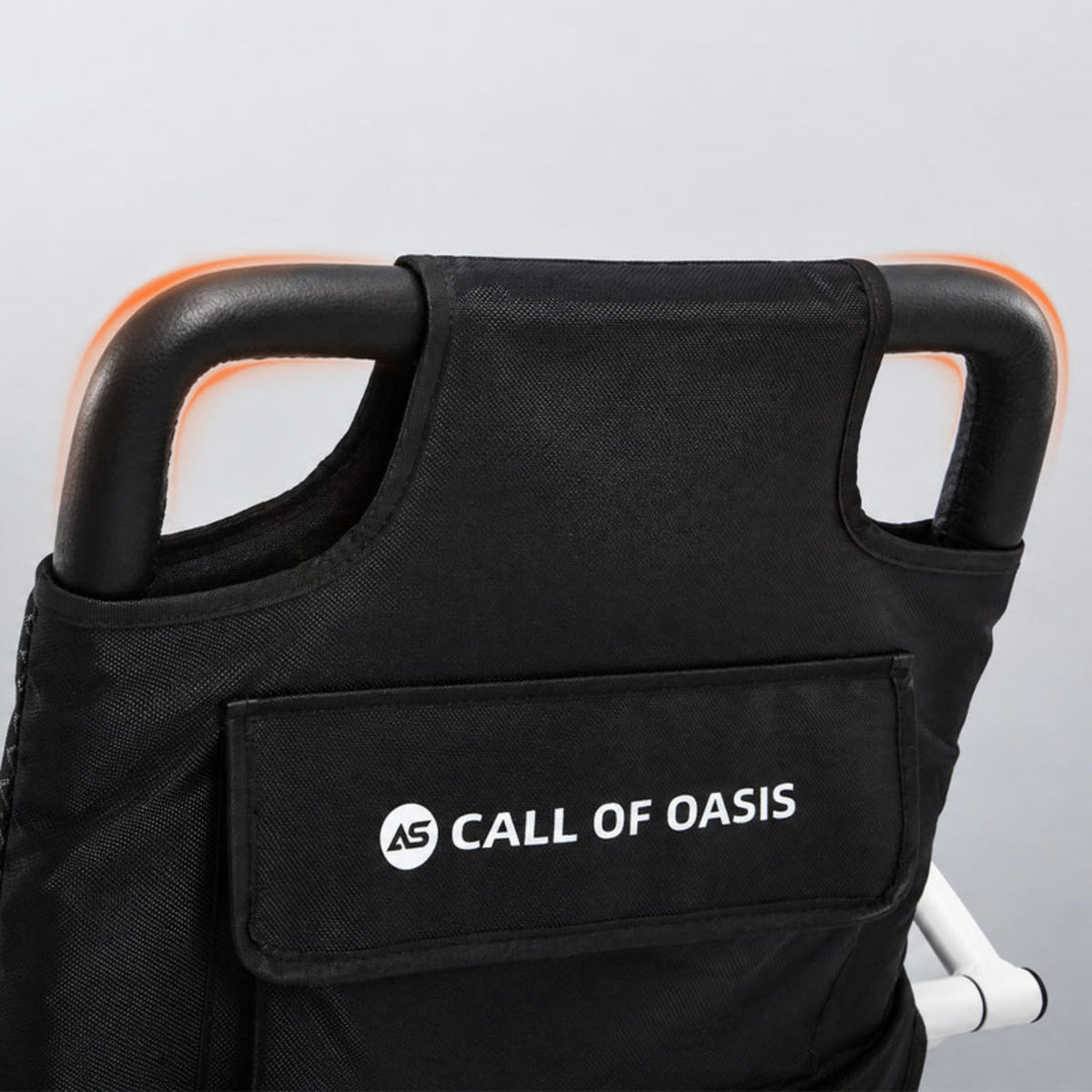 Close-up of the soft leather-wrapped push handle and backrest storage pocket on the OAS Air Pro 2027 electric wheelchair