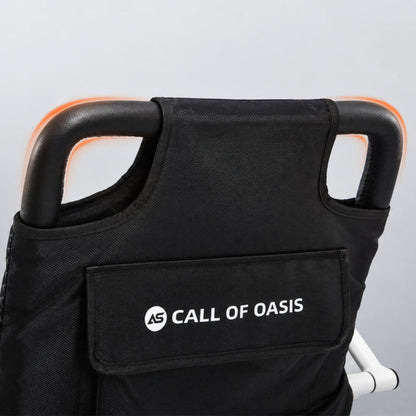 Close-up of the soft leather-wrapped push handle and backrest storage pocket on the OAS Air Pro 2027 electric wheelchair