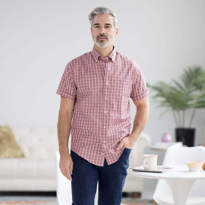 Orange Plaid Short Sleeve Button Down Collar Shirt with Magnetic Closures