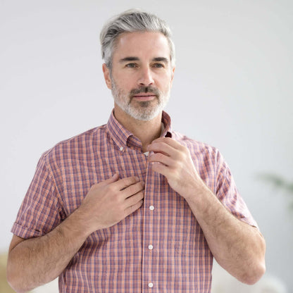 Orange Plaid Short Sleeve Button Down Collar Shirt with Magnetic Closures