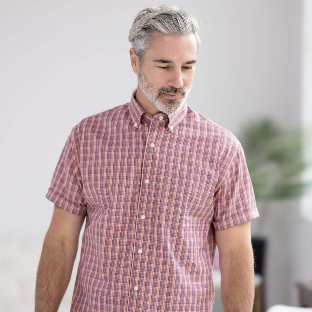 Orange Plaid Short Sleeve Button Down Collar Shirt with Magnetic Closures