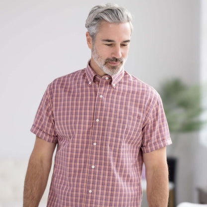 Orange Plaid Short Sleeve Button Down Collar Shirt with Magnetic Closures