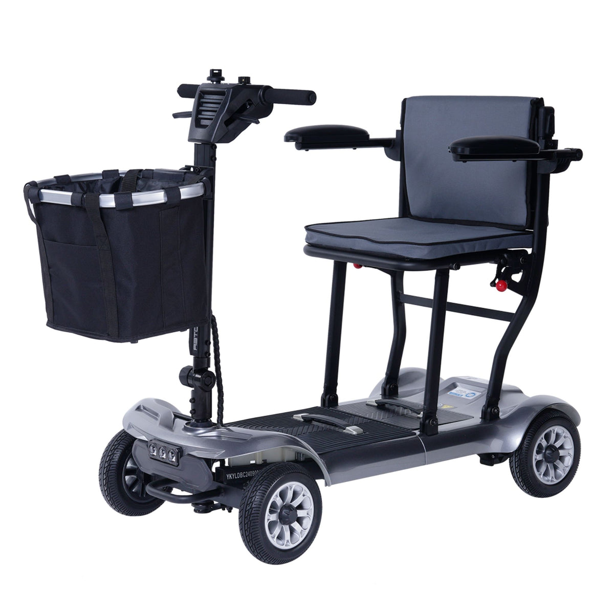 Paiseec D3 lightweight folding mobility scooter in gray with LED headlights, front basket, and padded seat