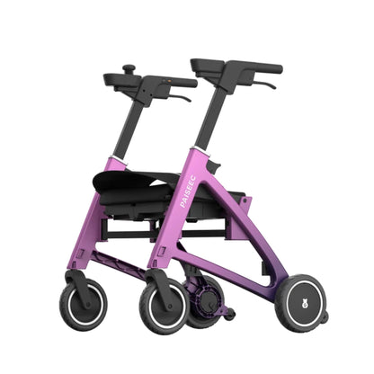 Paiseec FLEX Aurora Limited Edition in pink-to-purple gradient set up as a power-assist rollator with handles raised