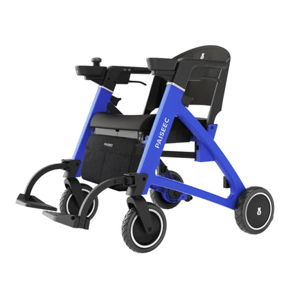 Paiseec FLEX compact storage pouch mounted beneath the seat of the Blue FLEX in wheelchair mode