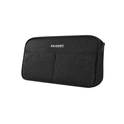 Paiseec FLEX compact storage pouch in black, angled view showing the two front pockets and mounting strap