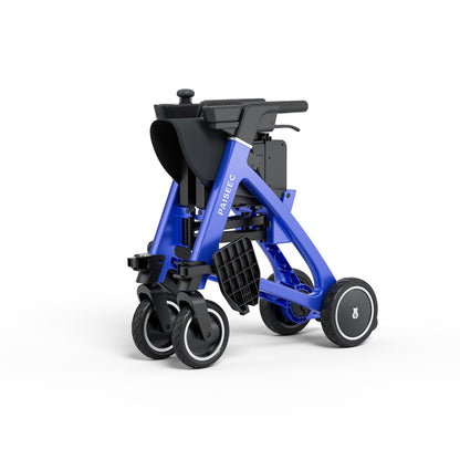 Paiseec FLEX R3 folded for storage, front angle view in Blue showing stowed footrest and carry handle