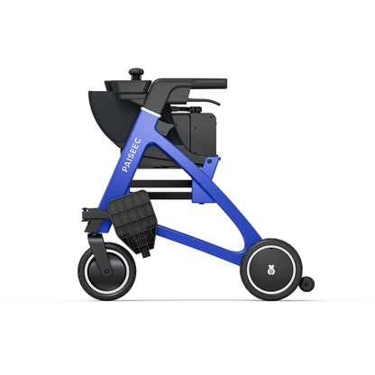 Paiseec FLEX R3 folded for storage, side view in Blue with backrest and footrest stowed