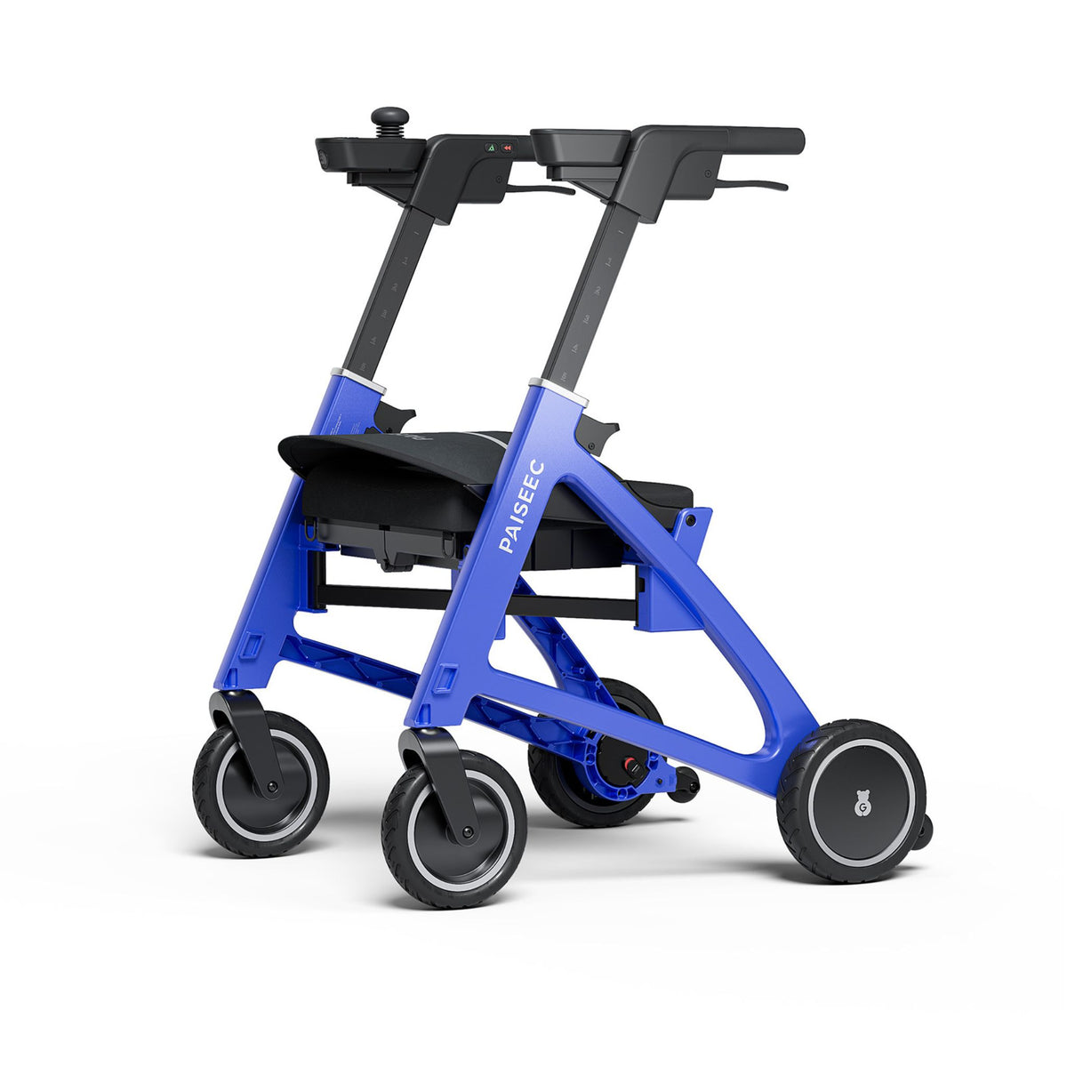 Paiseec FLEX R3 in Blue set up as a power-assist rollator with handles raised