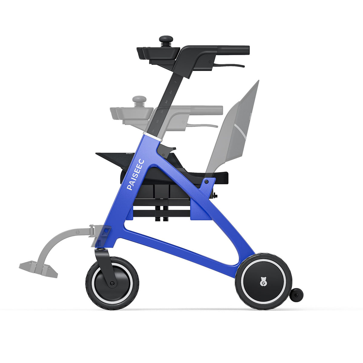 Side view of the Paiseec FLEX R3 in Blue showing adjustable handle height, flip-up footrests and fold-down backrest