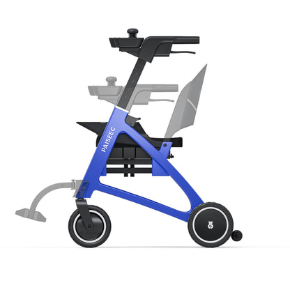 Side view of the Paiseec FLEX R3 in Blue showing adjustable handle height, flip-up footrests and fold-down backrest