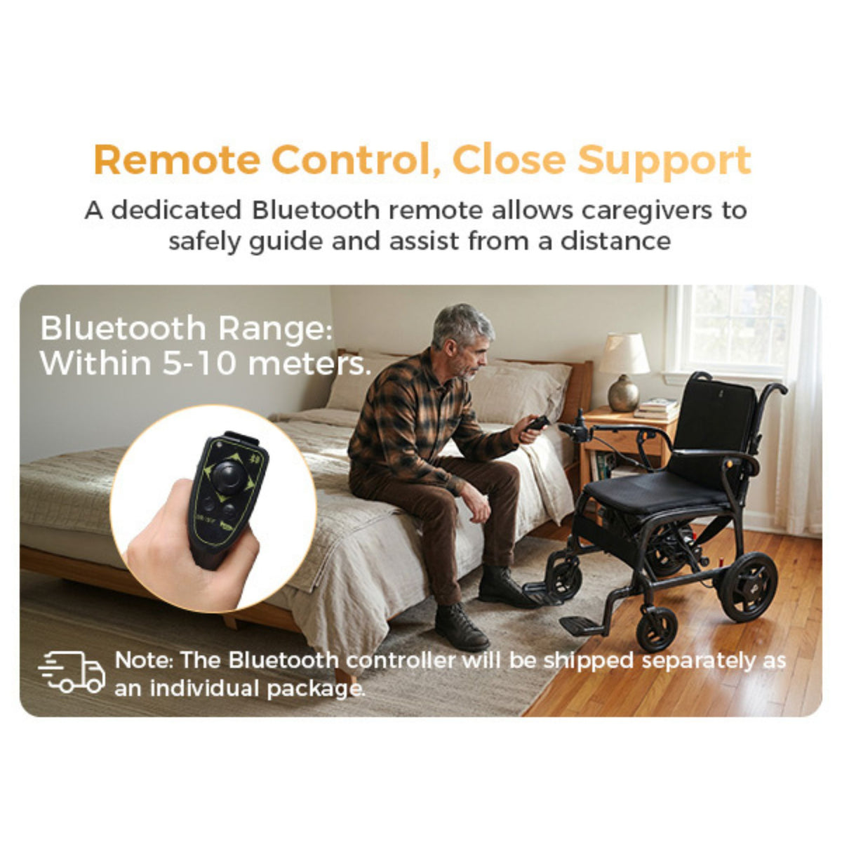 Paiseec Q5 Bluetooth remote control infographic showing a caregiver guiding the wheelchair from 5 to 10 meters away