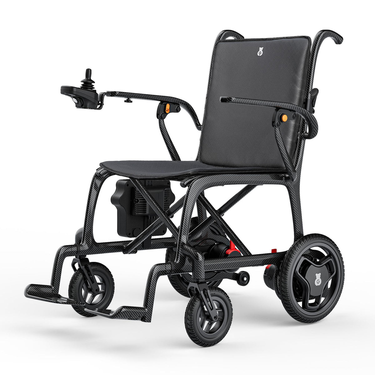 Paiseec Q5 ultra-light carbon fiber folding electric wheelchair, front angle with joystick, PU leather seat, and push handles
