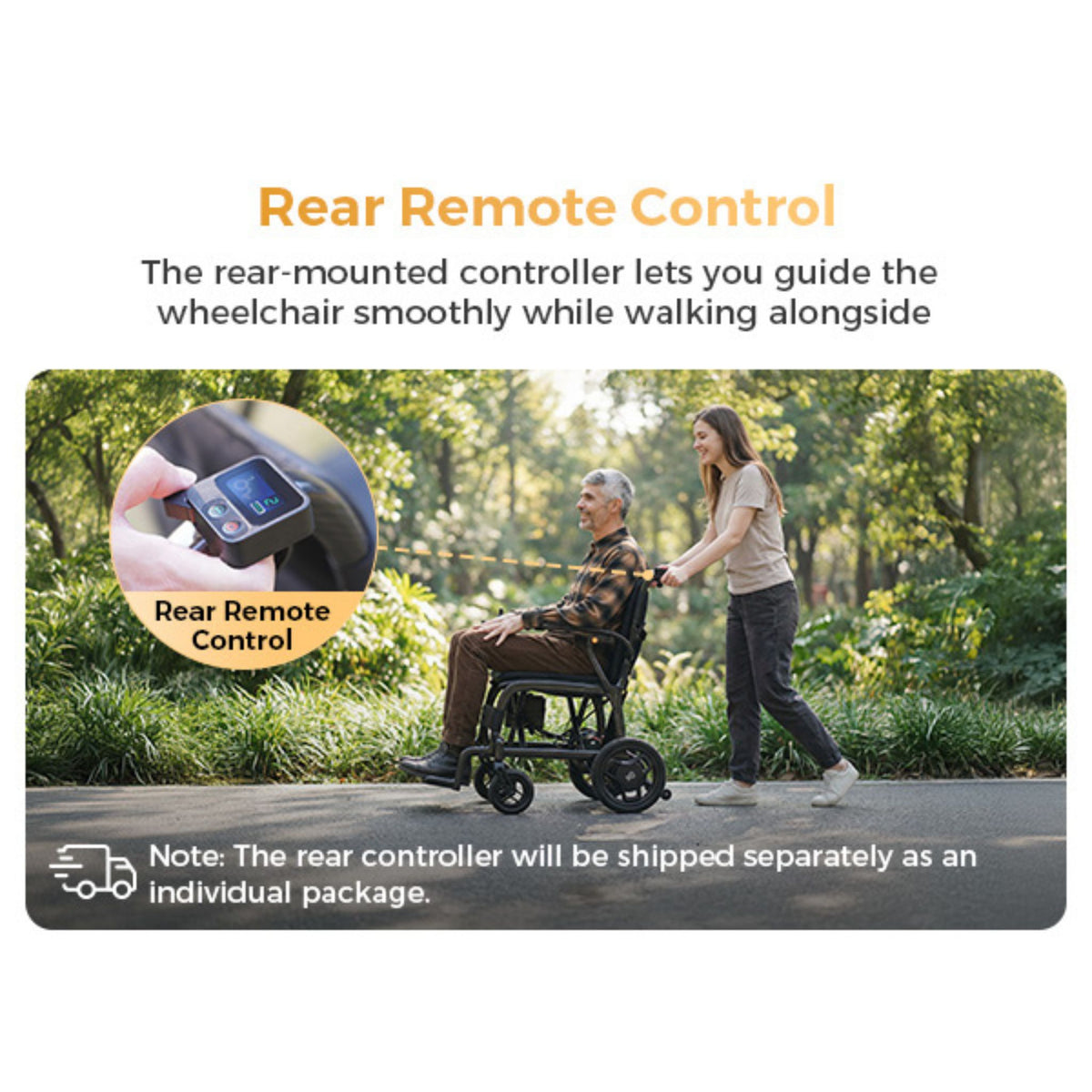 Paiseec Q5 rear remote control infographic showing a caregiver guiding the wheelchair while walking alongside