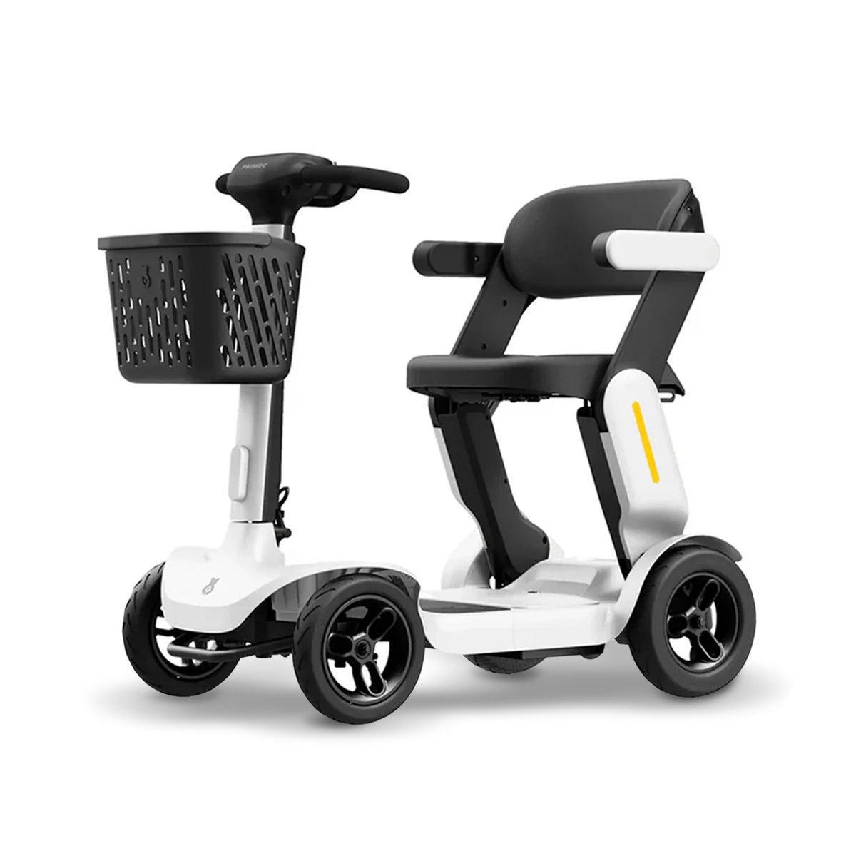 Paiseec S3 folding mobility scooter in White, front angle view with basket, tiller and padded seat