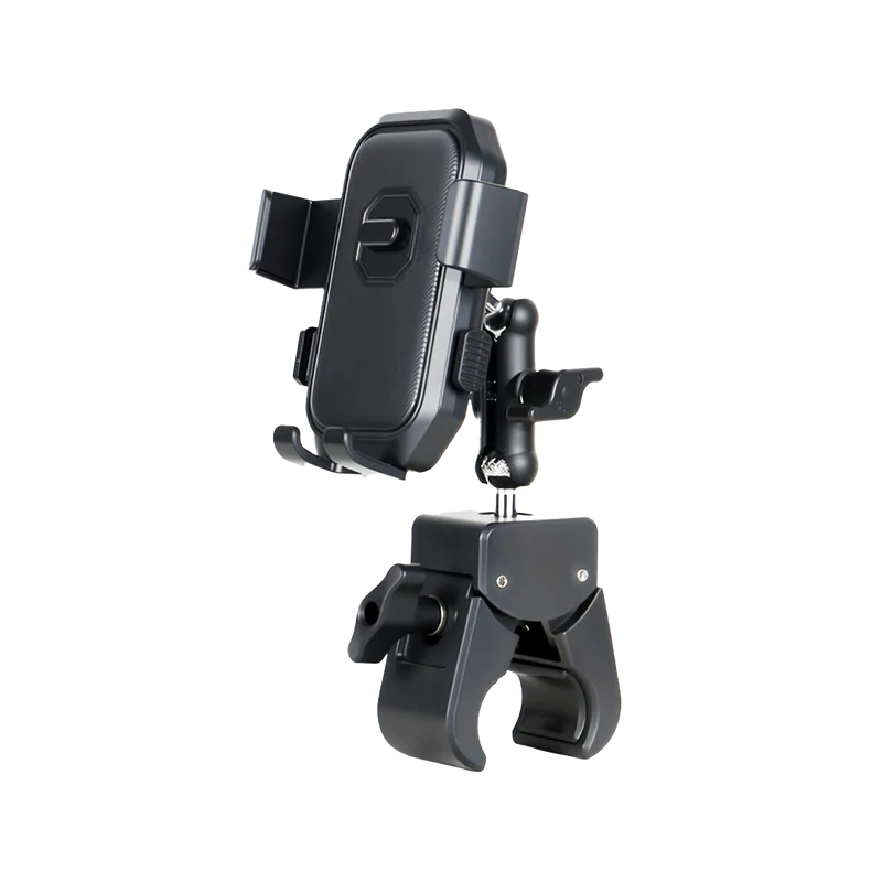 Paiseec phone holder for mobility scooters with spring-loaded cradle, double ball-joint arm and hinged clamp mount