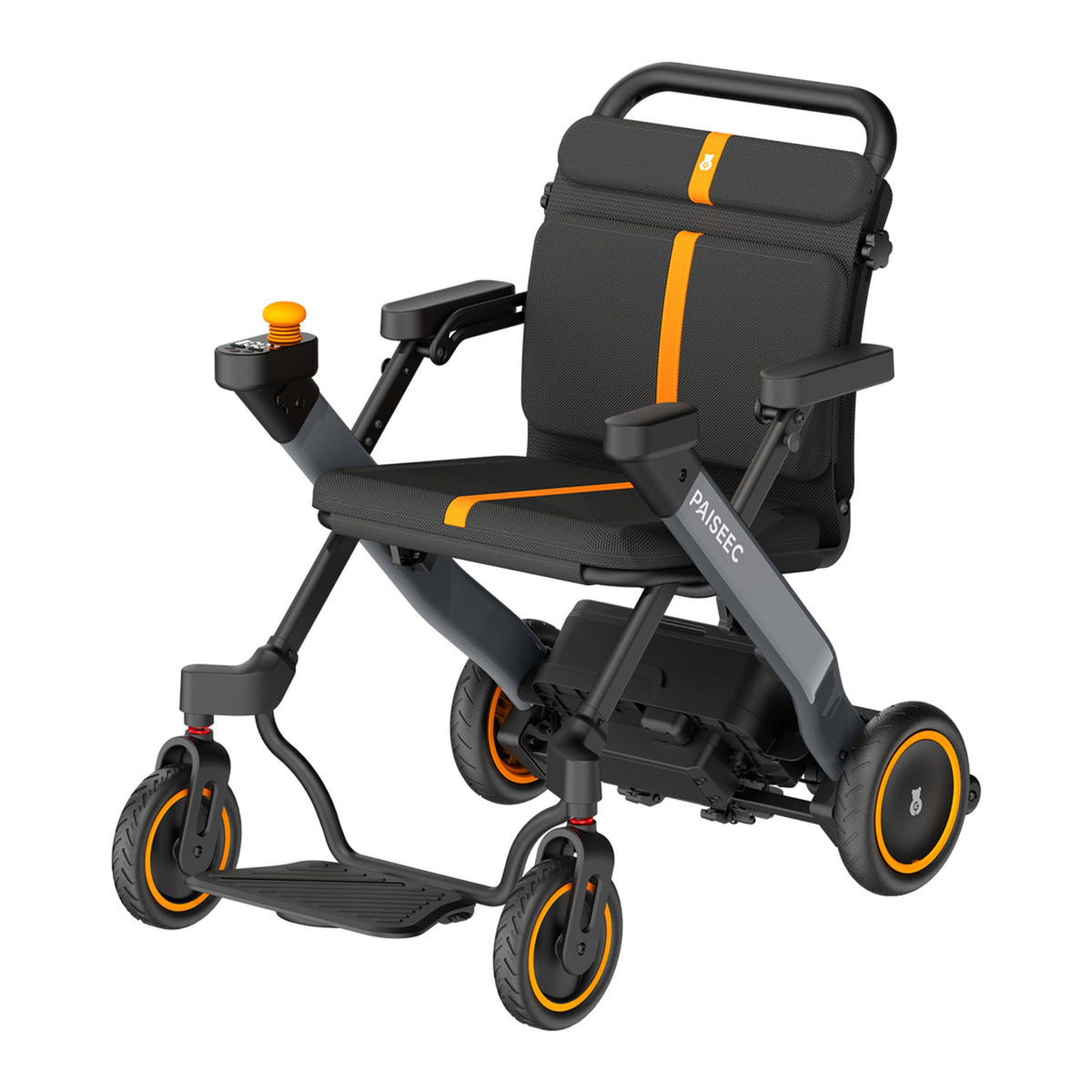 Paiseec W1 2-in-1 folding electric wheelchair in gray with orange accents, joystick controller, and flip-up armrests