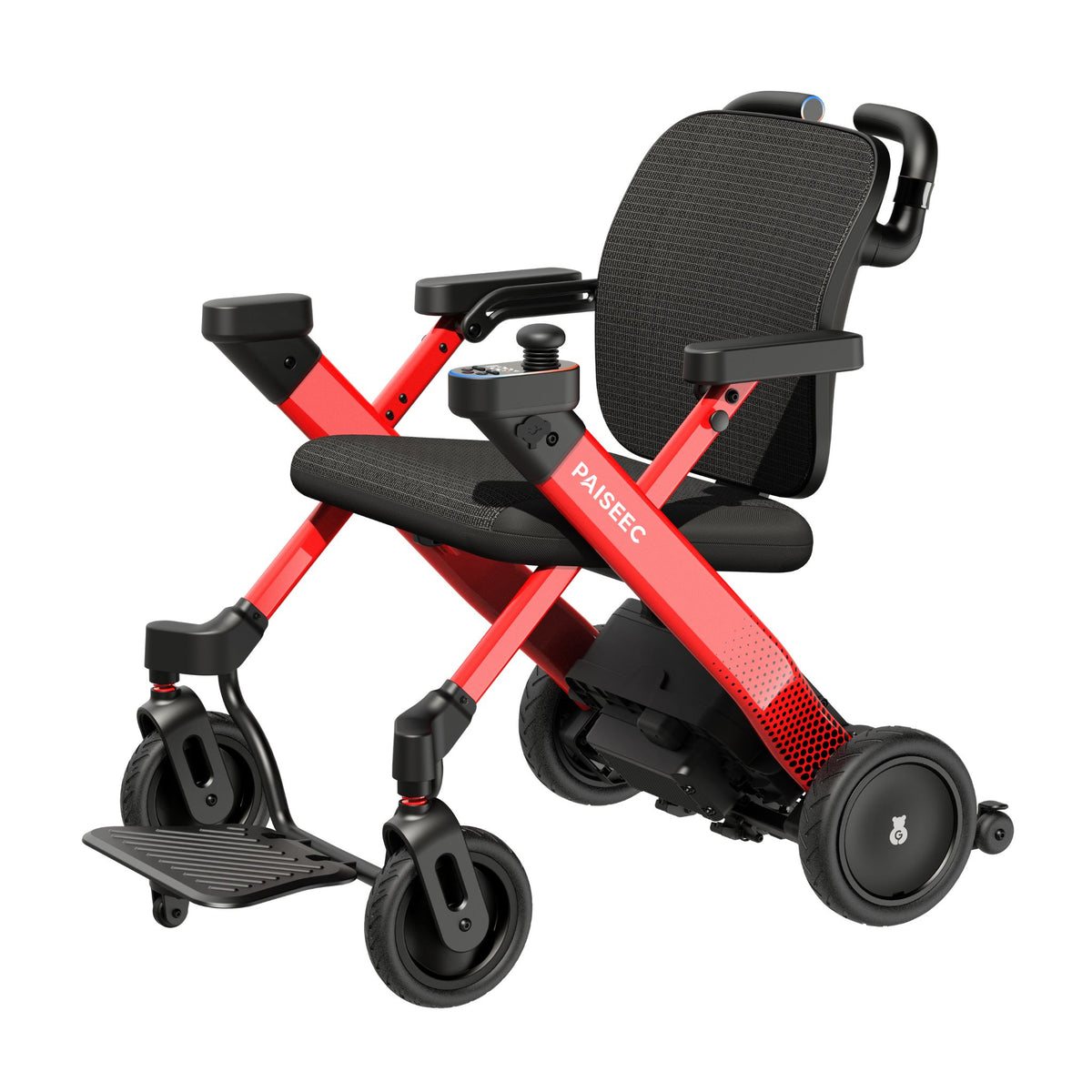 Paiseec W3 3-in-1 folding electric wheelchair in red with joystick controller, adjustable armrests, and caregiver push handles