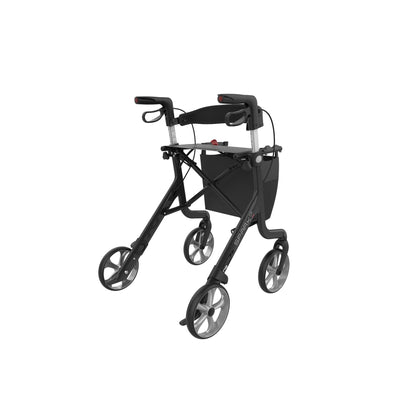 Rear right angle view of the Rehasense SPARK carbon fiber rollator featuring a lightweight folding carbon fiber frame, ergonomic hand grips, integrated storage bag, and smooth-rolling mobility wheels for everyday support and mobility independence.
