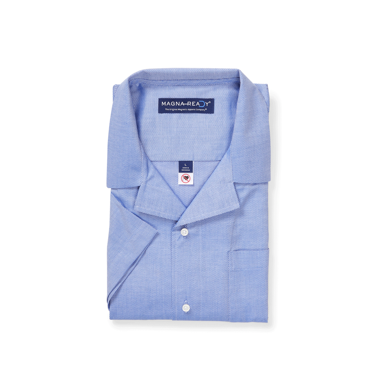 Short Sleeve Untucked Solid Blue Camp Casual Shirt with Magnetic Closures by MagnaReady®