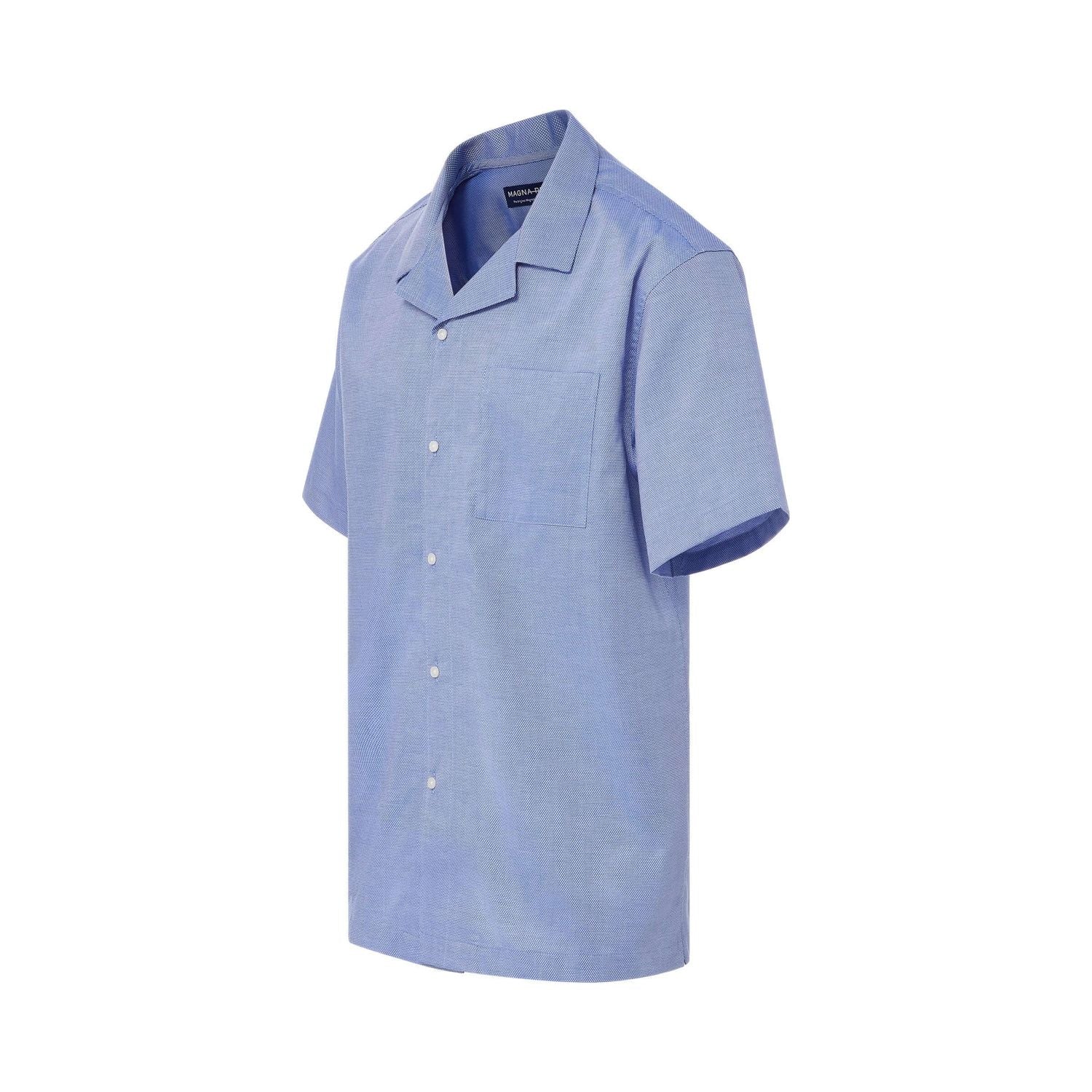Short Sleeve Untucked Solid Blue Camp Casual Shirt with Magnetic Closures by MagnaReady®