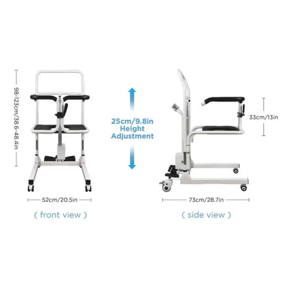 StarSleep CareLift transfer chair dimensions: 20.5 in wide, 28.7 in long, 38.6 to 48.4 in tall, 9.8 in height adjustment