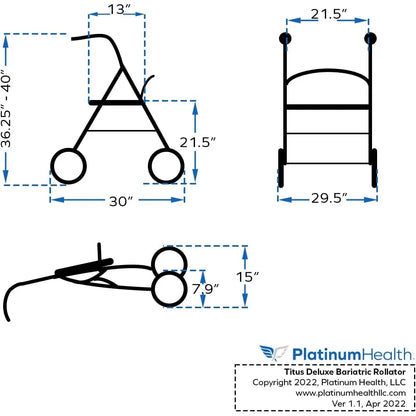 Titus Extra-Wide Deluxe Bariatric Walker Rollator. 600lb Wt Capacity (Blue Unavailable)