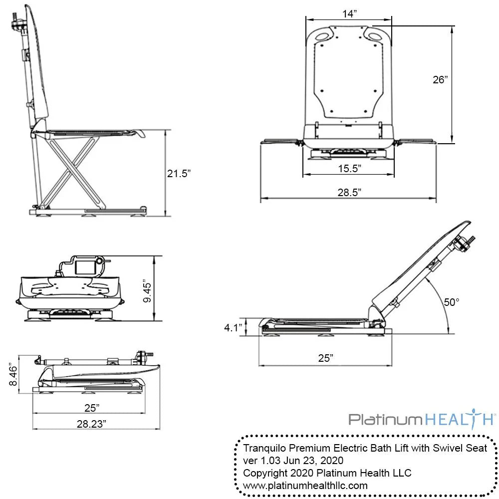 Tranquilo Premium Powered Bath Lift with Padded, SAFESWIVEL Rotating Seat and Power Recline Available with Rotating Seat or Deluxe Stationary Seat