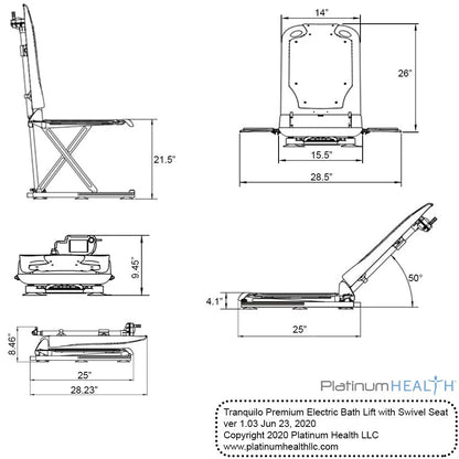 Tranquilo Premium Powered Bath Lift with Padded, SAFESWIVEL Rotating Seat and Power Recline Available with Rotating Seat or Deluxe Stationary Seat