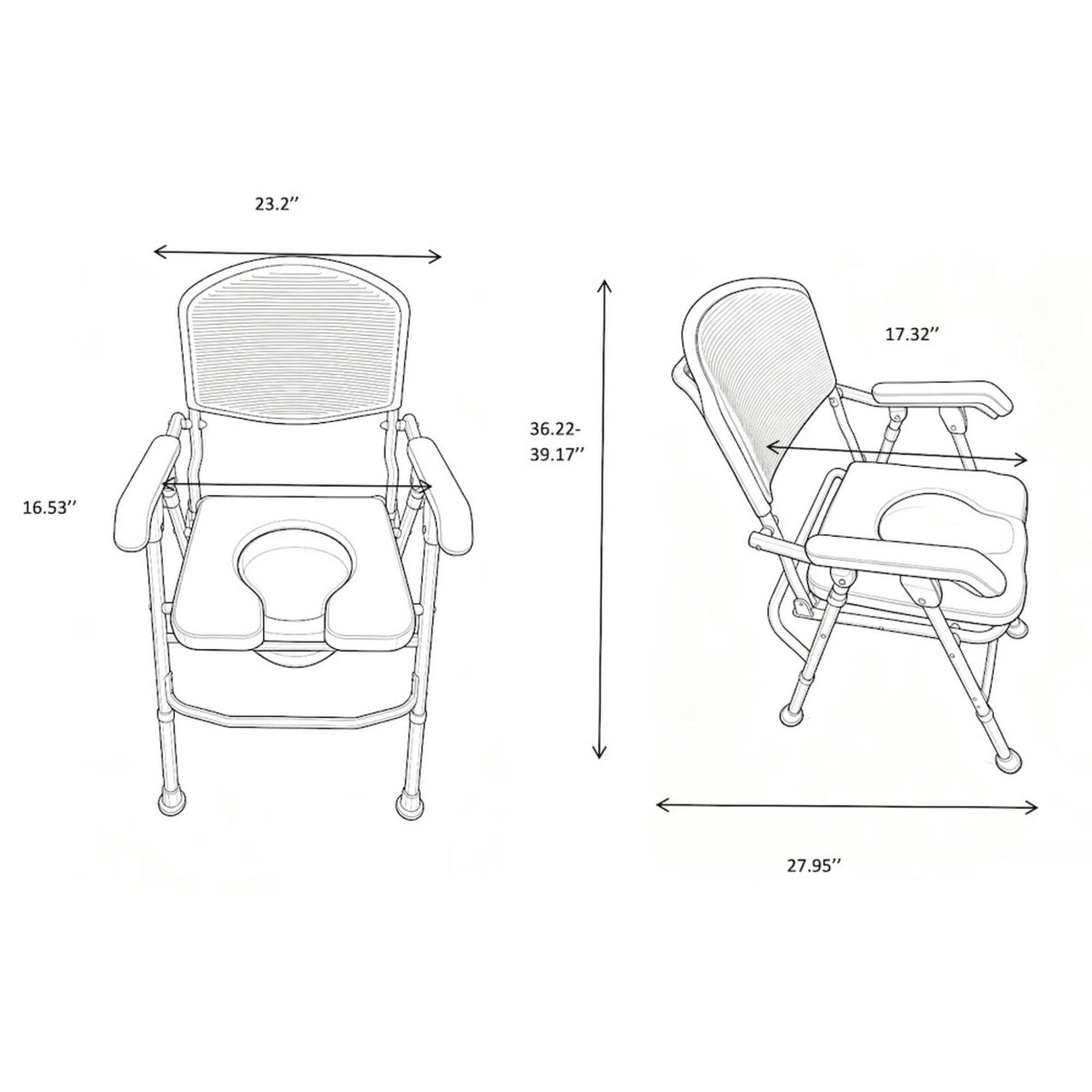 Line drawing of the UltraCommode with dimensions: 23.2 inch overall width, 16.53 inches between armrests, 36.22 to 39.17 inch height, 17.32 inch seat depth, 27.95 inch overall depth