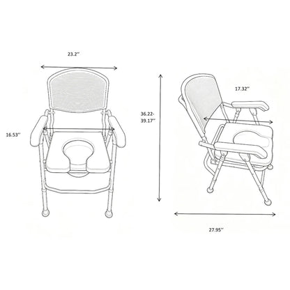 Line drawing of the UltraCommode with dimensions: 23.2 inch overall width, 16.53 inches between armrests, 36.22 to 39.17 inch height, 17.32 inch seat depth, 27.95 inch overall depth