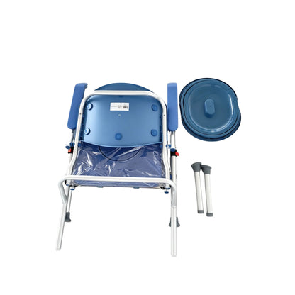 UltraCommode folded flat, shown from above with the removable commode pail and lid and two detachable height-adjustable legs beside it