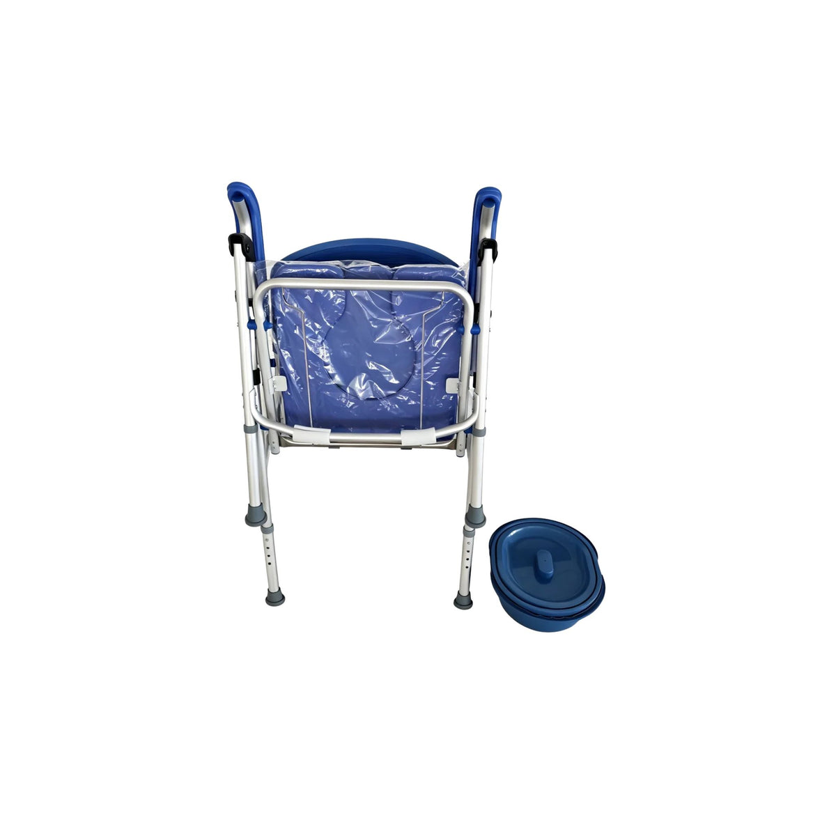 Rear view of the folded UltraCommode padded commode chair standing upright next to its lidded commode pail