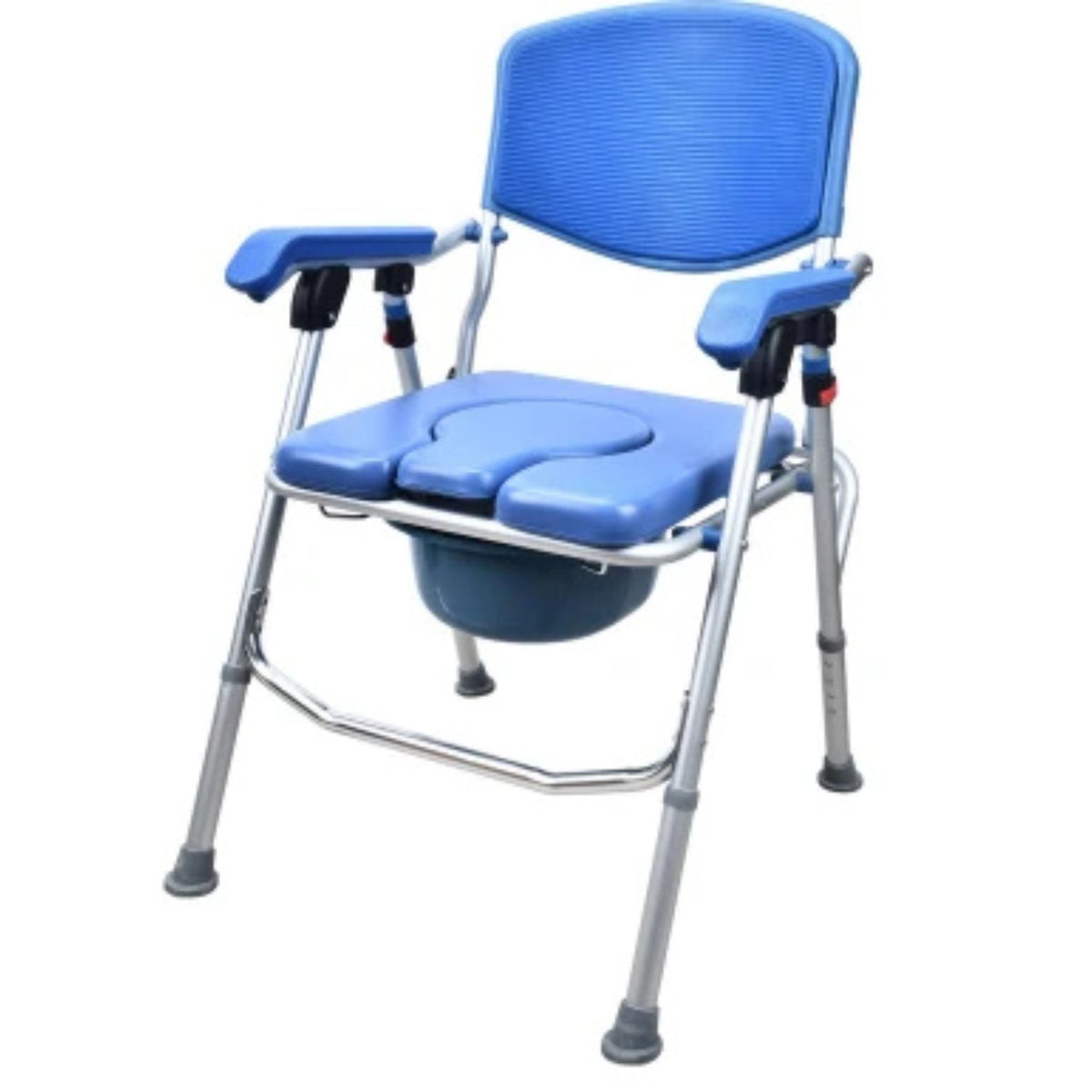 Blue UltraCommode folding commode chair with padded open-front seat, stationary padded armrests, backrest, and commode pail, angled view from the left