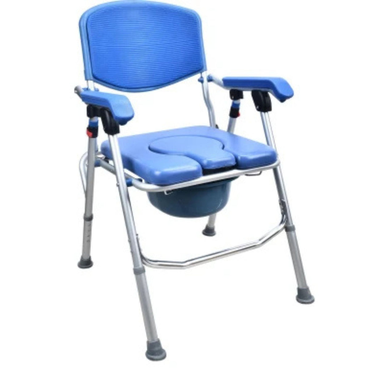 UltraCommode blue padded folding commode chair with stationary armrests and height-adjustable aluminum legs, angled view from the right
