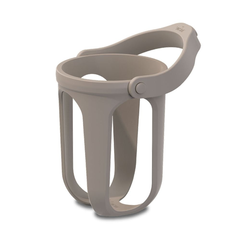 Front view of the sand-colored byACRE cup holder for the byACRE Carbon Ultralight rollator