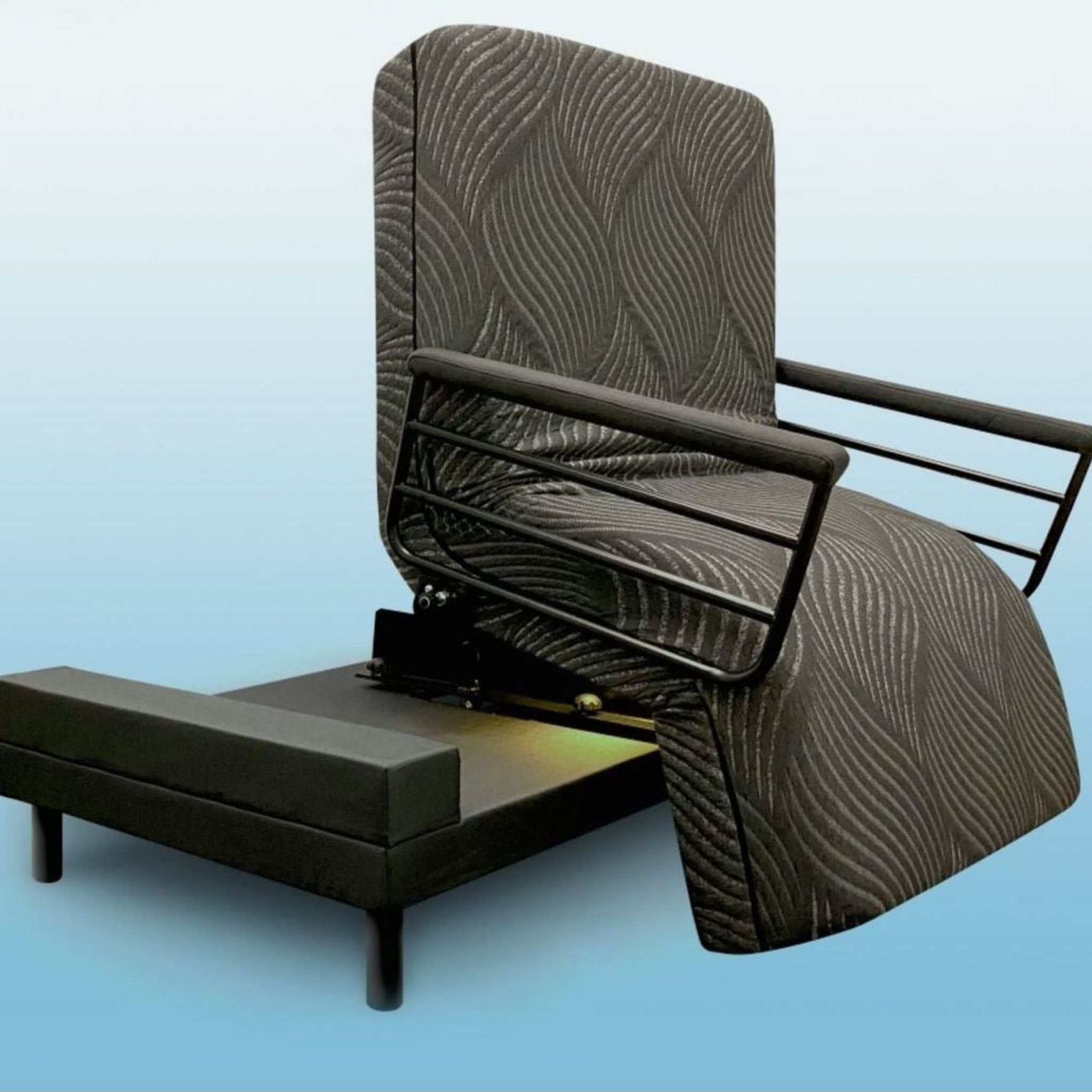 UPbed Independence 4-in-1 adjustable lift bed in chair position featuring rotating transfer functionality, cushioned armrests, memory foam support, and motorized sit-to-stand assistance for safer independent bedroom mobility and home care comfort.