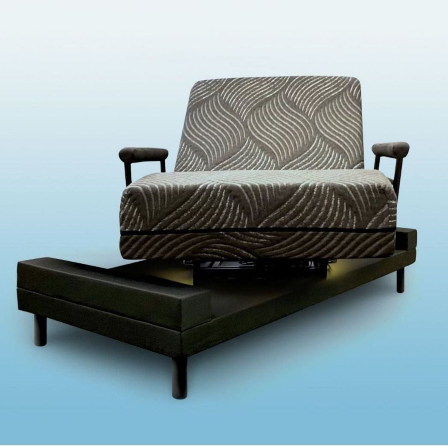 Front view of the UPbed Independence rotating transfer bed showing seated chair-style positioning with supportive armrests, motorized swivel functionality, and adjustable comfort features designed to support safer independent transfers and home mobility.
