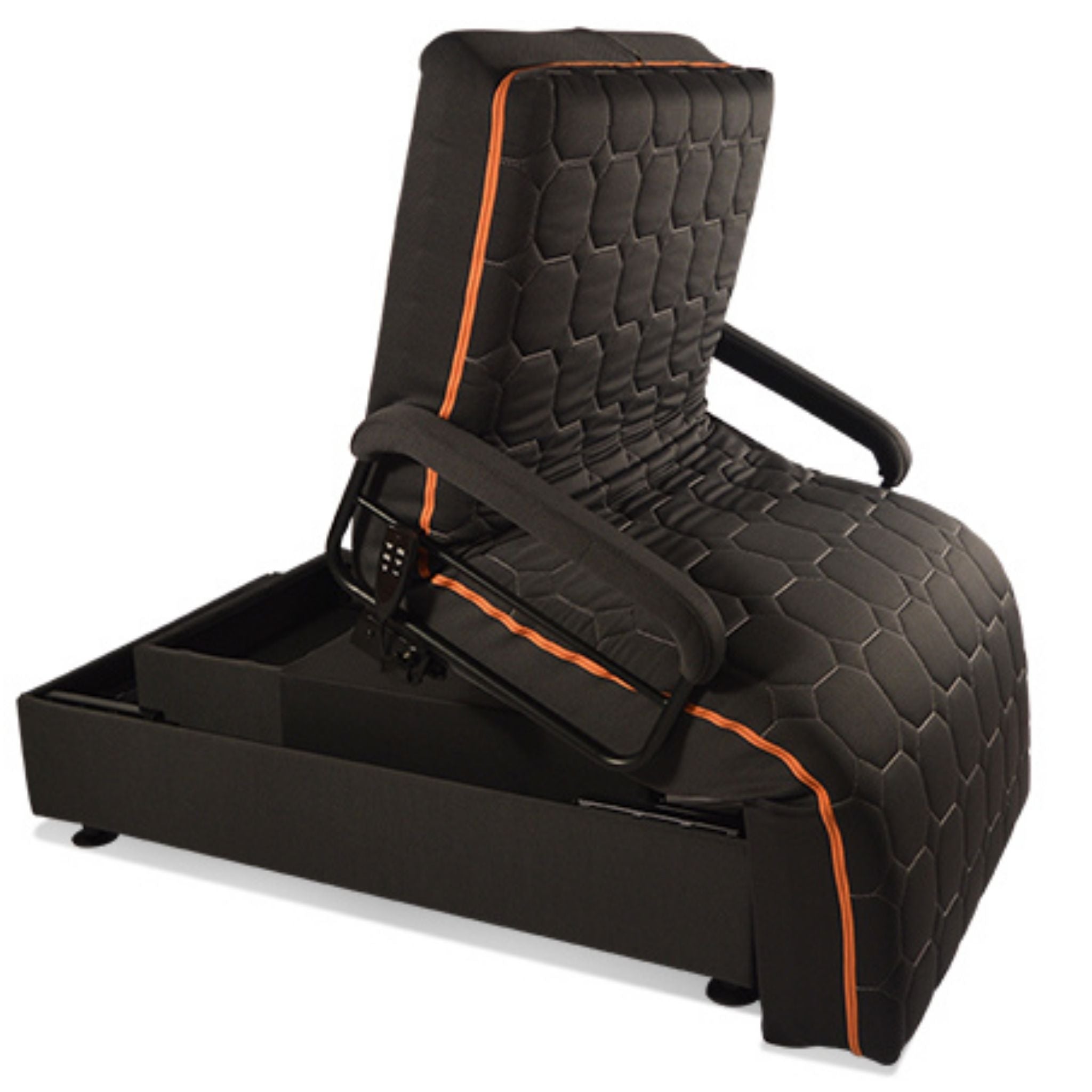 Front angle view of the Upbed Standard motorized bed chair featuring adjustable seated positioning, supportive armrests, ergonomic cushioning, and integrated sleep-to-sit functionality for home comfort and mobility support.